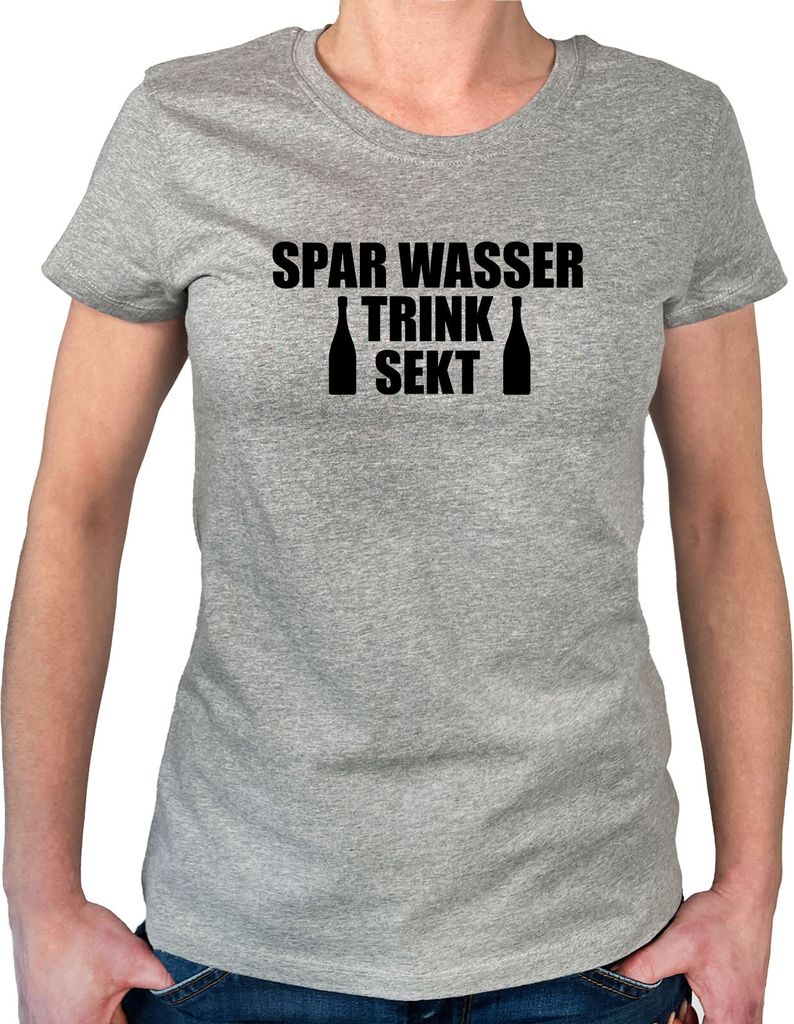 Huuraa Damen T-Shirt Spar Wasser Trink Sekt Sektflasche L Sport Grey Baumwolle Fairtrade Damenshirt Geschenkidee
