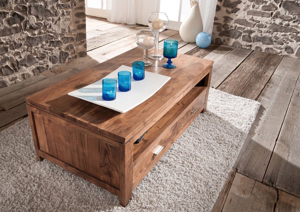 MASSIVMOEBEL24 Couchtisch Akazie 110x60x40 hellbraun lackiert SHAMAN #74