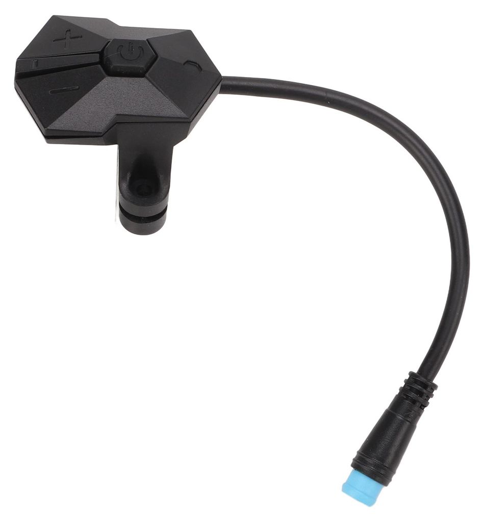 A black electronic control unit with buttons and a cable with a connector, isolated on a white background.