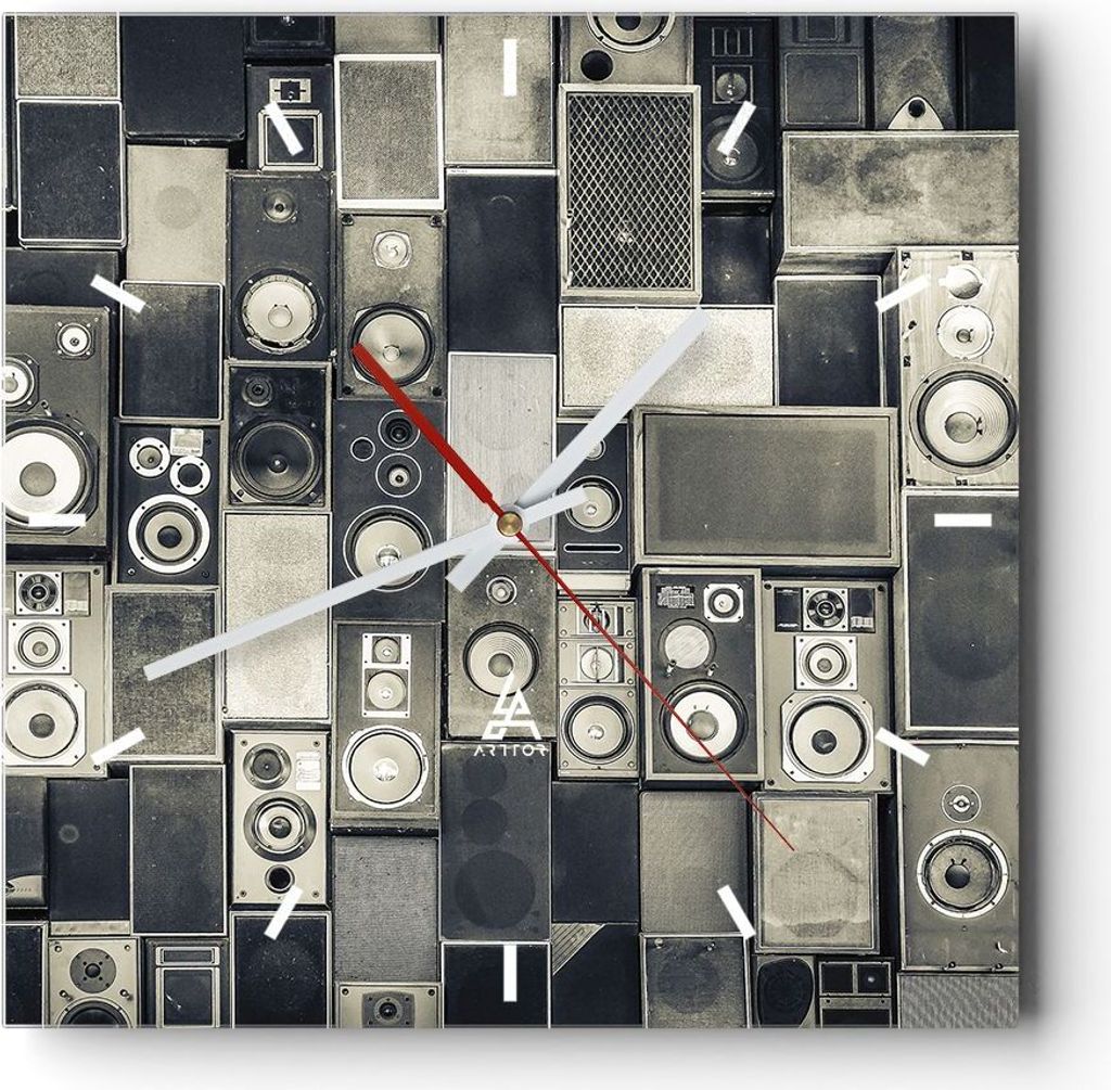 Wanduhr - Quadrat - Glasuhr - Abstraktion Lautsprecher Grafik - 30x30cm - Schleichendes Uhrwerk - Lautlos - zum Aufhängen bereit - Dekoration Mode...