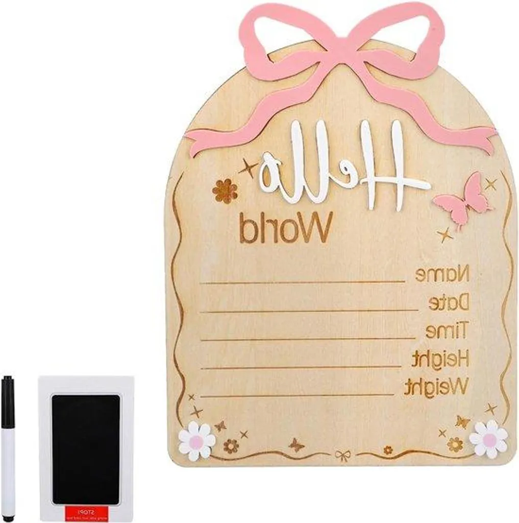 Accessoire Photo Naissance Fille : Panneau Bois et Empreinte Rose 20cm