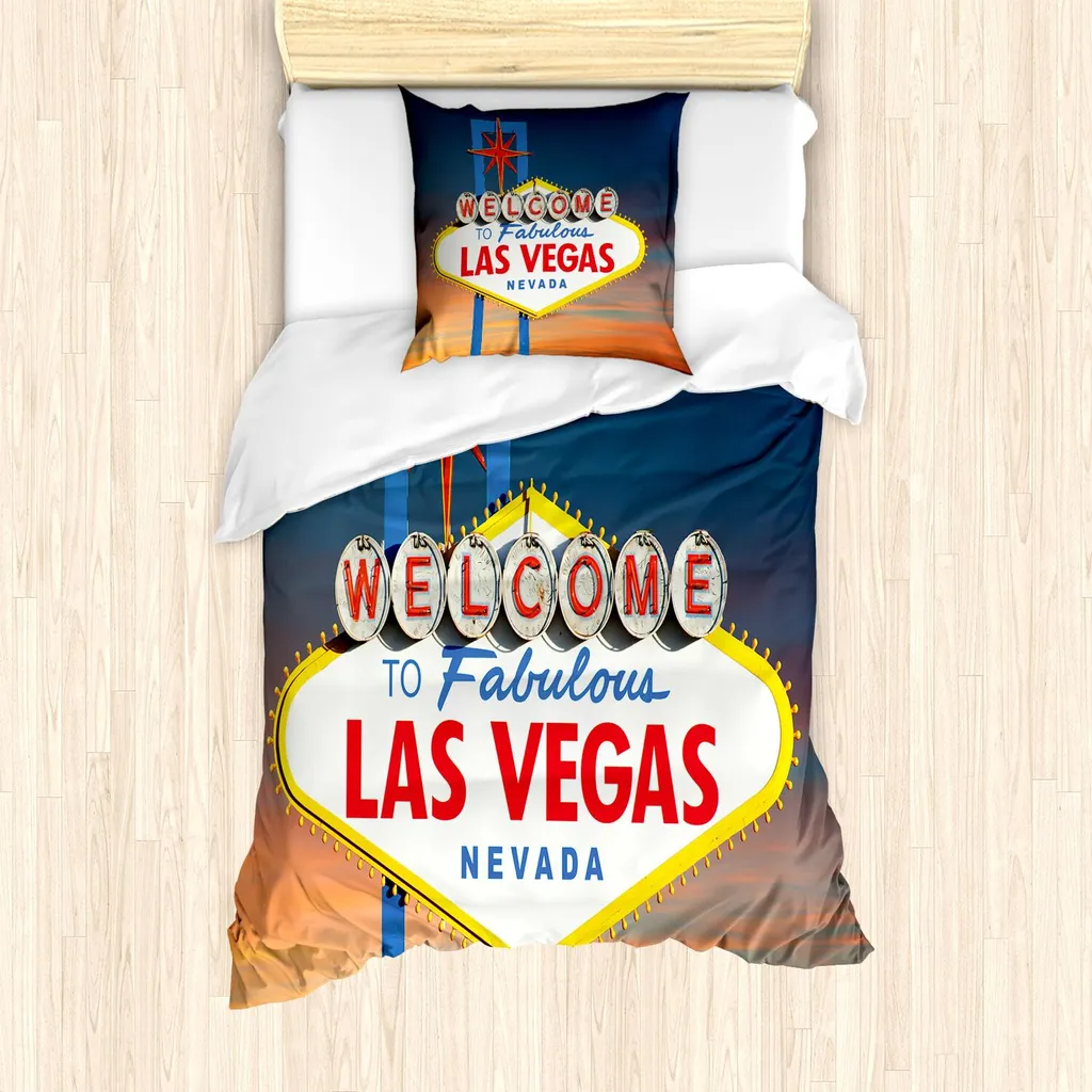 Set copripiumino ABAKUHAUS USA, Benvenuti a Las Vegas Nevada, dettaglio del cartello, viaggiatore, urbano, pianificazione stradale, 135 x 200 cm + 80 x 80 cm, multicolore