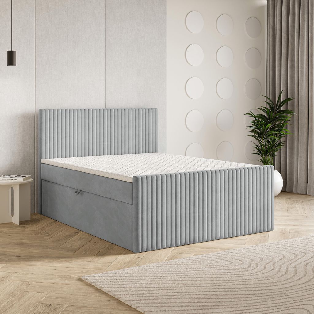 Masseno Boxspringbett TERVAN 160x200 cm Komplett-Set mit Bonell Matratze und Topper, Polsterbett mit Bettkästen -Hellgrau, PAROS 05