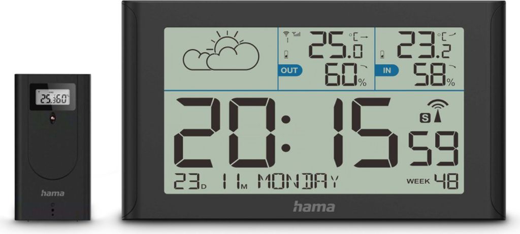 A black digital weather station with a separate outdoor sensor, displayed on a white background.