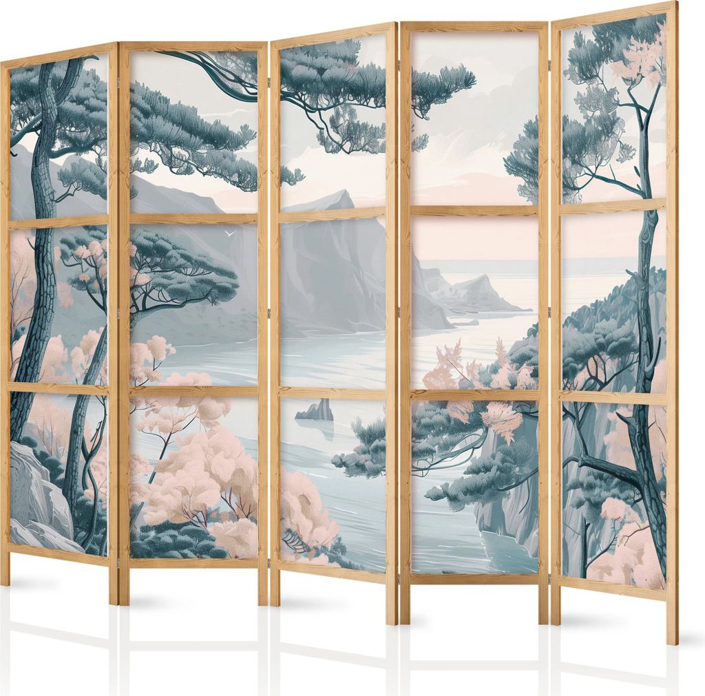 Japonský paraván Krajina 225x172 cm 5dílný šedý Obrázek produktu 