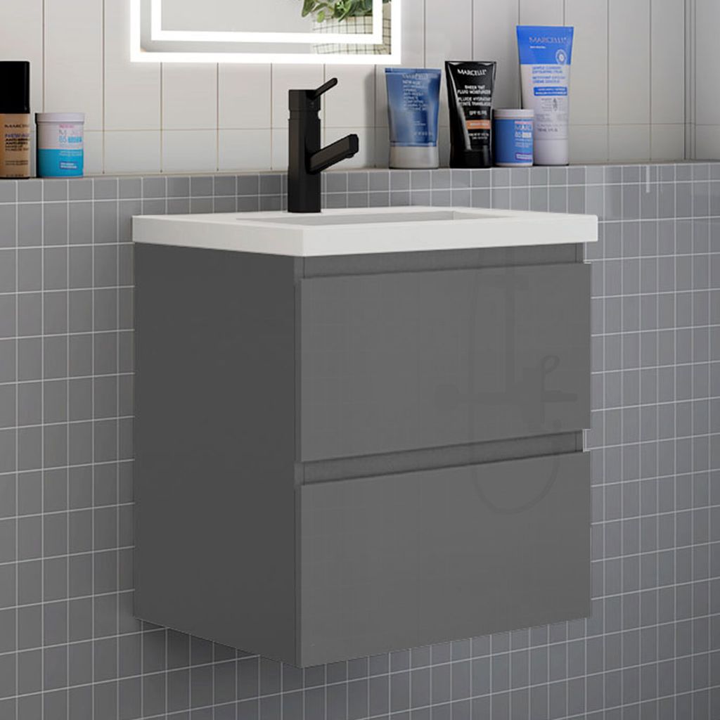 Badmöbel Set HUTI-Serie 50cm Mineralguss Waschbecken mit Unterschrank Badezimmermöbel mit 2 Schubladen Hochglanz Dunkelgrau Hängeschrank