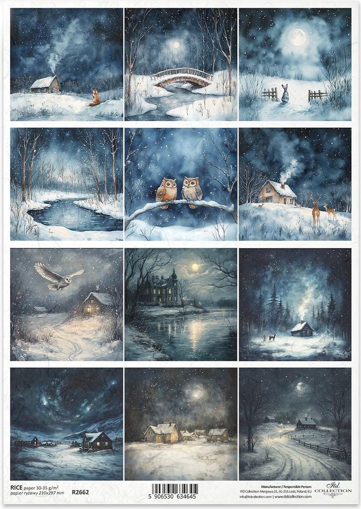 Reispapier für Decoupage A4 - Winter Nachtschwärmer Fuchs - R2662 - Itd Collection