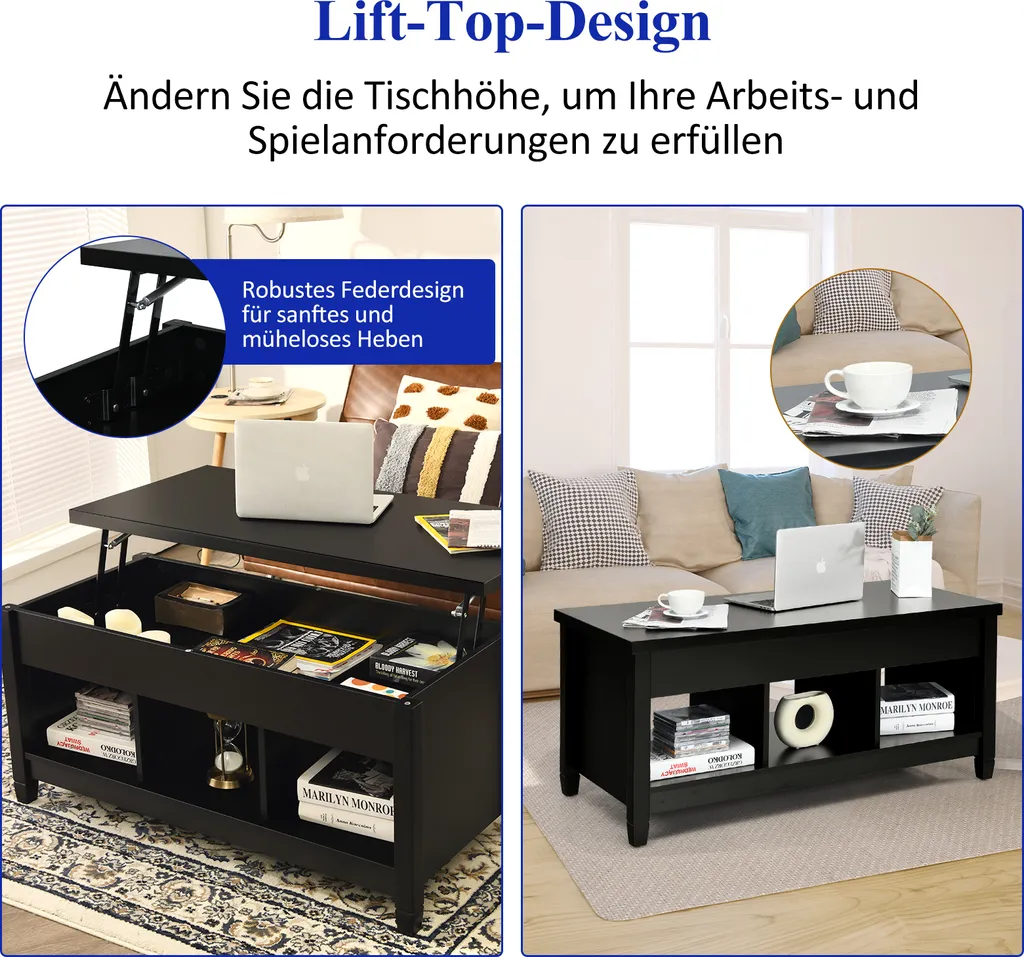 COSTWAY Table Basse Noir avec Plateau Relevable et Compartiment Intégré - 2