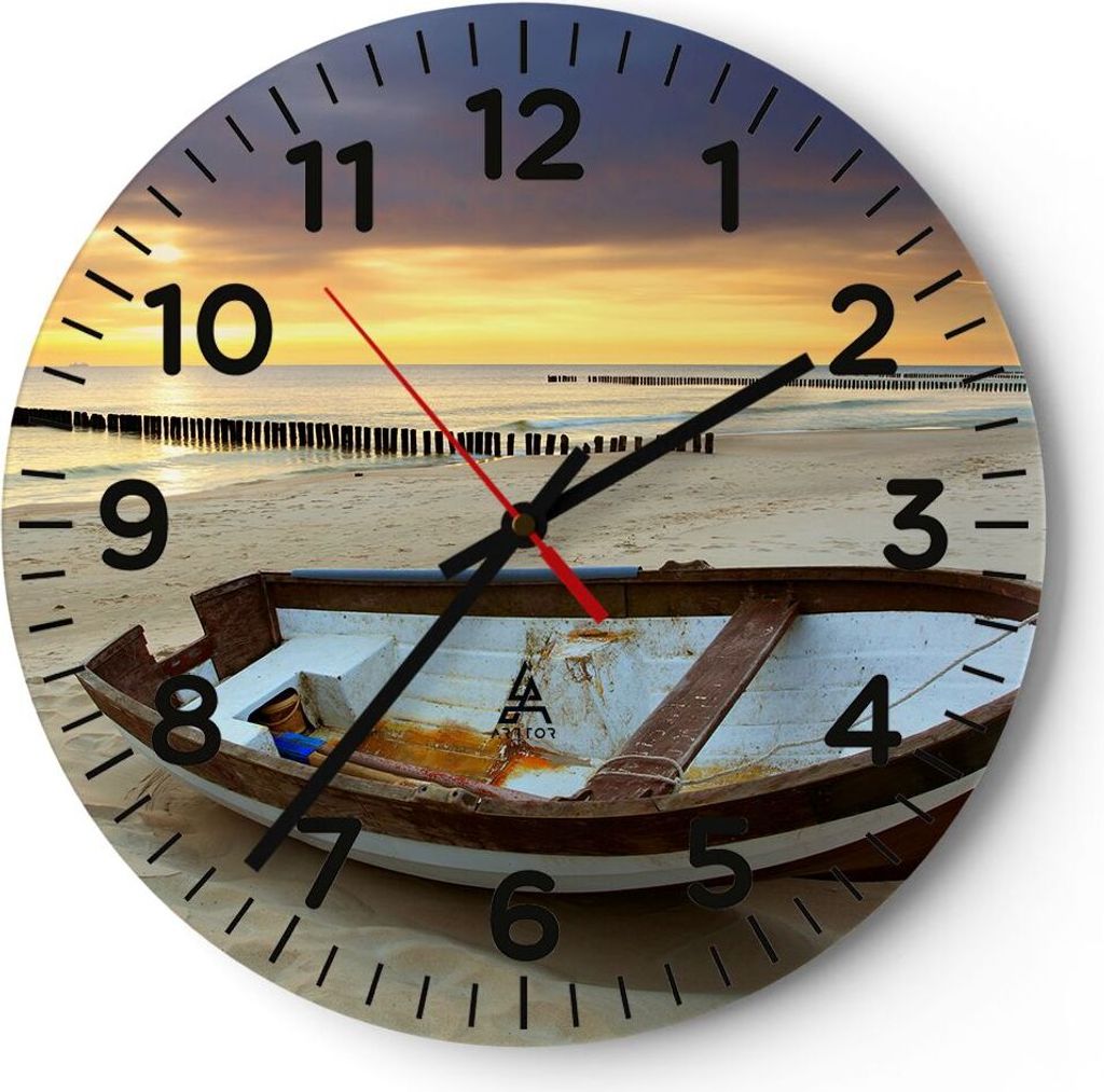 Wanduhr - Rund - Glasuhr - Strand Boot Ostsee Sommer - 40x40cm - Schleichendes Uhrwerk - Lautlos - zum Aufhängen bereit - Dekoration Modern - Wand...