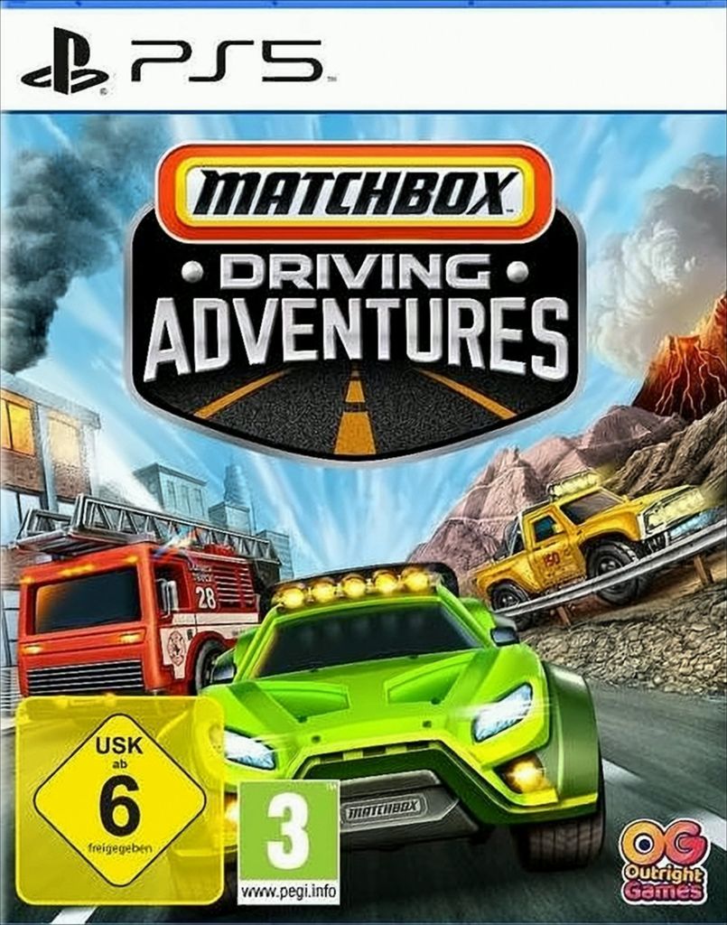 The image is a video game cover for 'Matchbox Driving Adventures' on PS5. It features several toy-like vehicles, including a green off-road vehicle, a red fire truck, and a yellow pickup truck, driving on a road with a mountainous, volcanic background. The