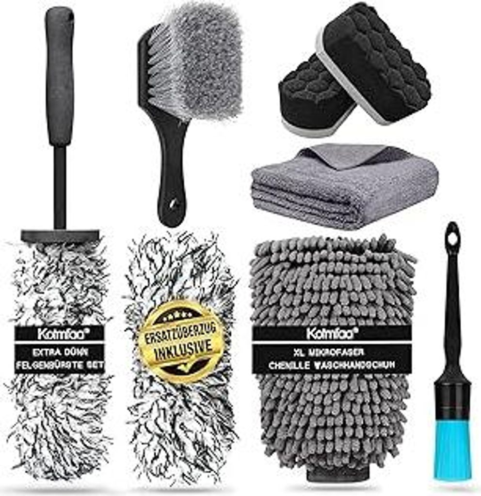 Felgen Reinigungsset mit Mikrofaser Felgenbürste extra dünn, Reifenbürste, Auto Detailing Pinsel, Reifenglanz Schwamm, Trockentuch, Waschhandsch...