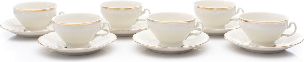 Thun 1794 Bernadotte, Teetassen und Untertassen, Elfenbein, Goldlinie, Thun, 6 Stück