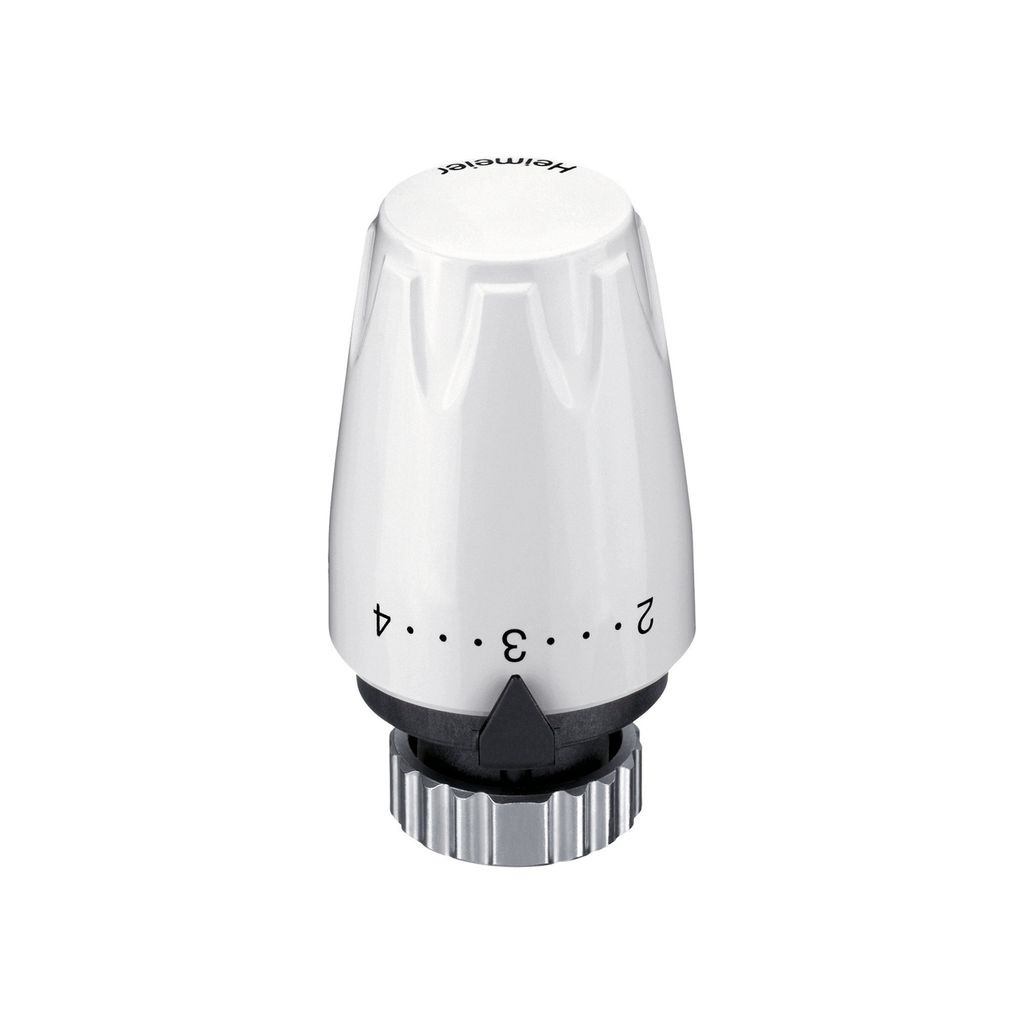 A white thermostat head with temperature markings.