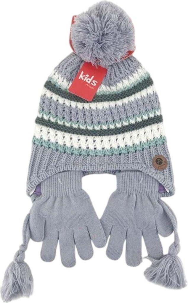 Kinder Winter Mütze mit Handschuhen » Gestreiftes Set » Kindermütze mit Streifen und Fingerhandschuhe: Lila Farbe: Lila