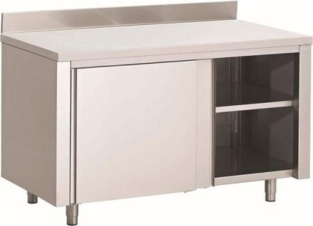 Arbeitsschrank aus Edelstahl mit Schiebetüren und Aufkantung, 2000(L)x700(T)x880(H)mm
