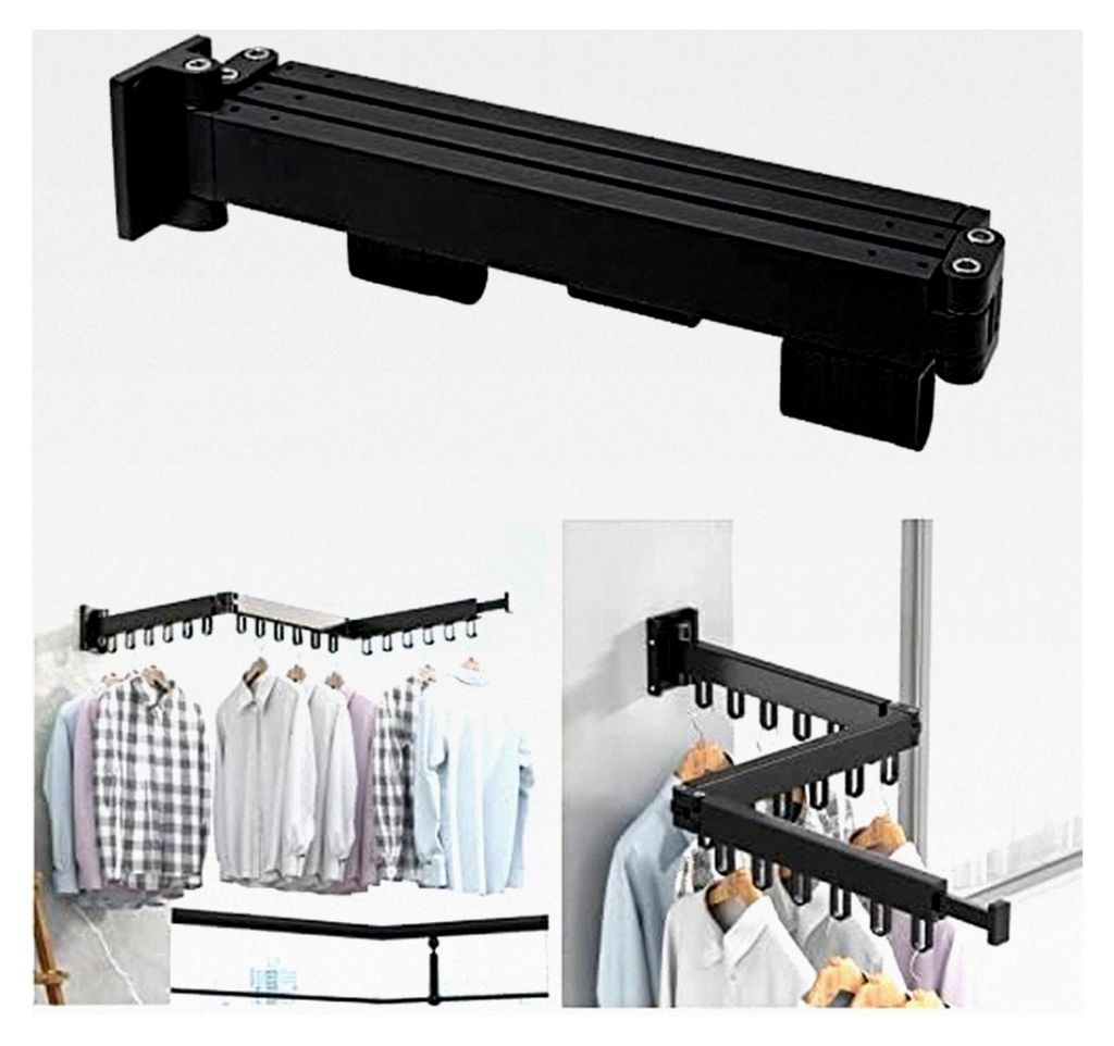 Schwarzer Wäscheständer zur Wandmontage, 128 cm, 18 Haken, Ausziehbare Wäschestange aus Aluminium für Balkon und Badezimmer, Platzsparend