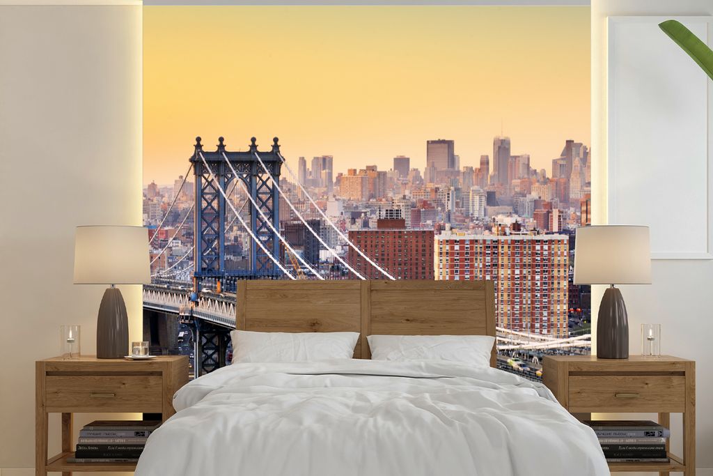 MuchoWow Fototapete für Wohnzimmer oder Schlafzimmer Wandtapete Vinyl Motivtapete Manhattan-Brücke in New York - 220x220 cm - Tapeten