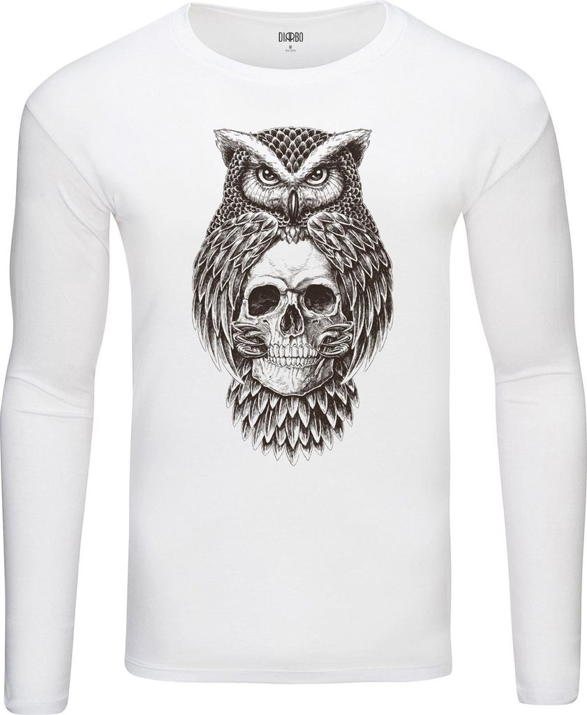 Herren Warm, Langarm-T-Shirt mit Druck Eule mit Totenkopf Weiß Gr.XS