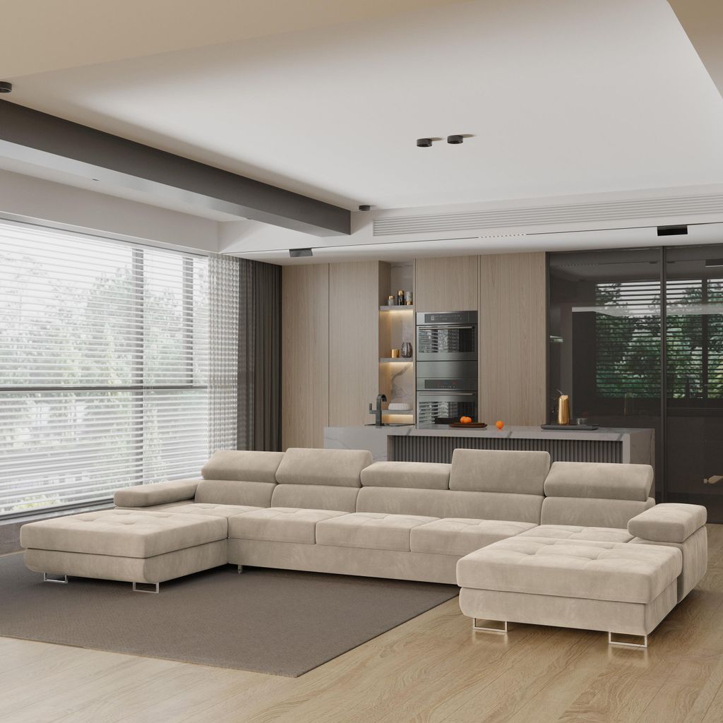 Masseno Ecksofa OMBRA mit Schlaffunktion U-Form, Sofa mit Bettkasten, Wohnzimmersofa, Couch, Soffa, Bettsofa, Couchgarnitur- Creme, MONOLITH 04