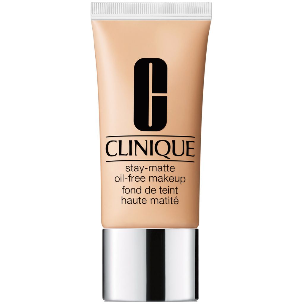 A product shot of Clinique Stay-Matte Oil-Free Makeup foundation in a tube with a silver cap.