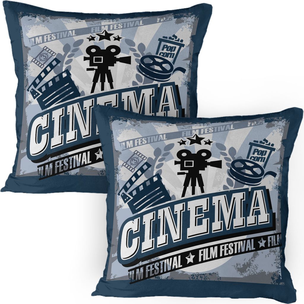 ABAKUHAUS Kino Kissenbezug Packung mit 2, Vintage Cinema Poster Design mit Grunge-Effekt und altmodischen Icons, Dekorativer Gedruckter Kissenbezug...