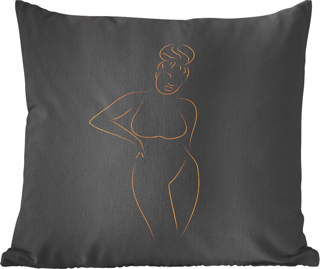 MuchoWow Zierkissen Sofakissen Wohnzimmer Dekokissen 40x40 cm Frau - Schwarz - Gold - Strichzeichnung - Foto Kissen - Schlafzimmer Dekoration