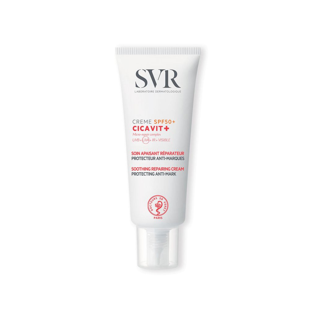 A white tube of SVR Cicavit+ Creme SPF50+ is shown against a white background.