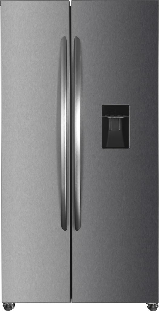 A stainless steel side-by-side refrigerator with a water dispenser on the right door.