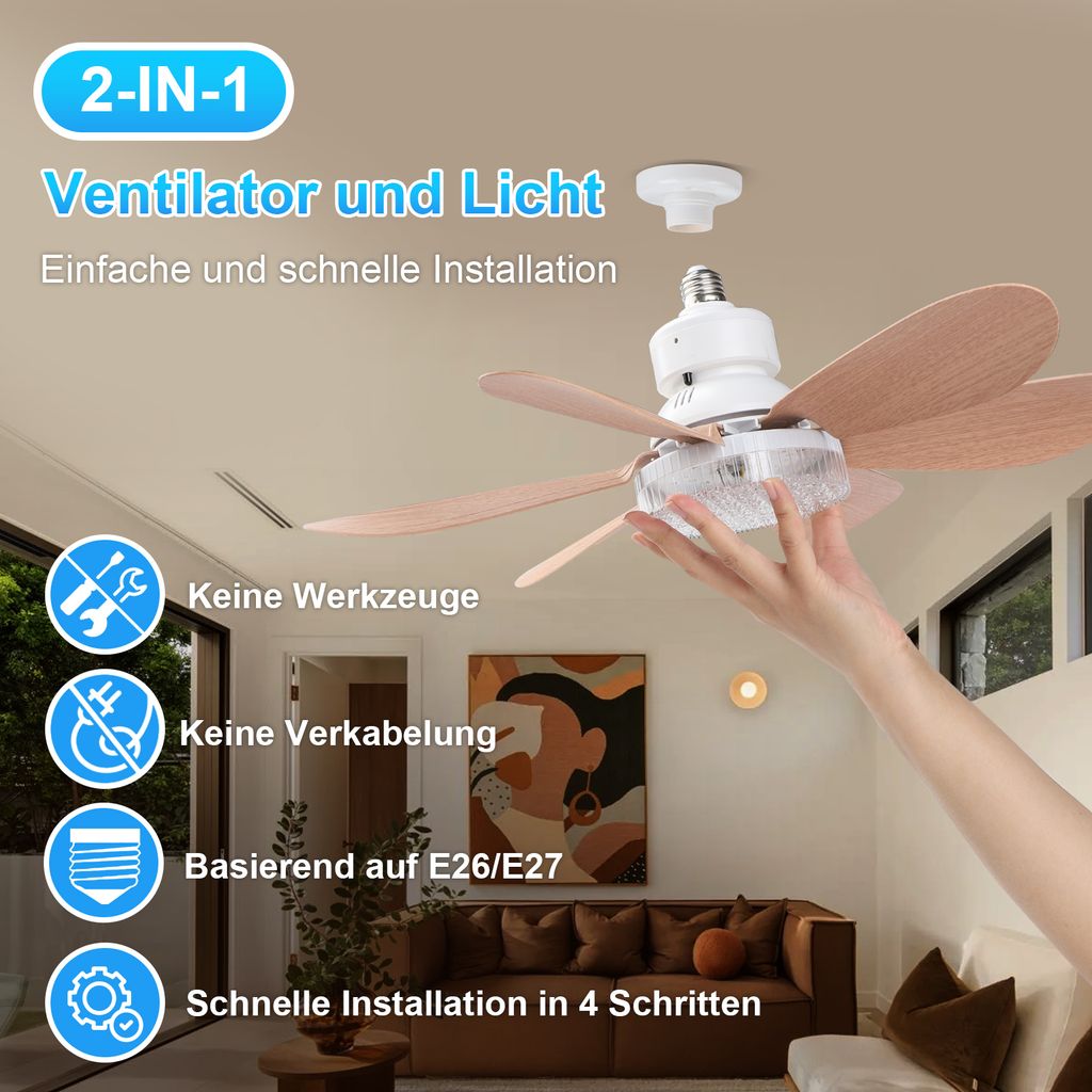 Lampadario Con Ventilatore Soffitto Moderno 55cm, 6 Velocità Con Telecomando E Funzione Memoria, Legno Scuro