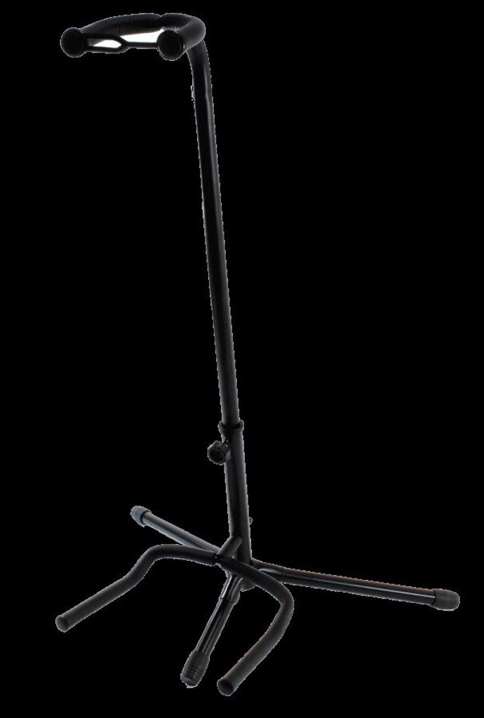 A black guitar stand against a black background.