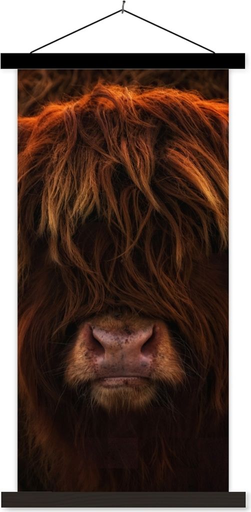 MuchoWow Textilposter Schottisches Hochlandrind - Kuh - Schwarz - Porträt 60x120 cm mit schwarzem Rahmen - Magnete