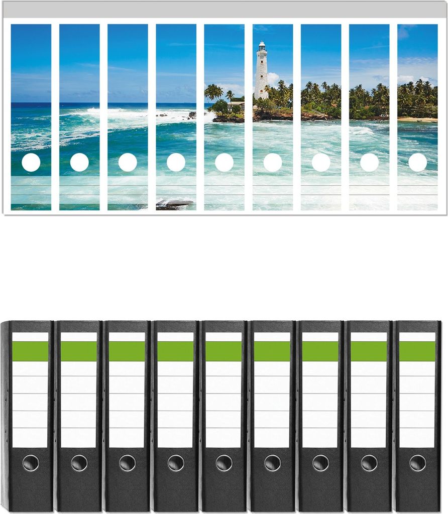 Wallario 9 Stück breite Ordner inkl. Klebeetiketten mit Motive Weißer Leuchtturm auf Sri Lanka - Set mit Rückenschildern / Ordnerrücken Stickern
