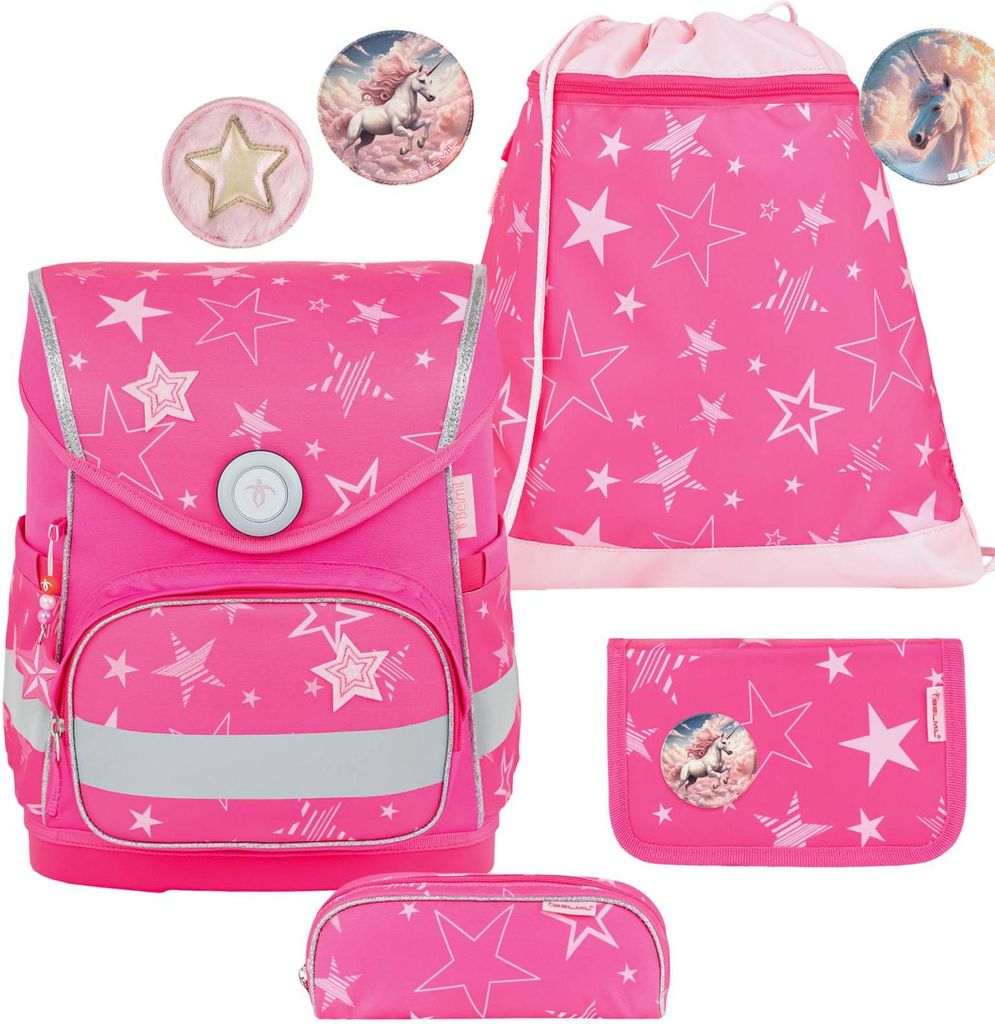 Belmil Compact ergonomisches Schulranzen-Set 5-teilig "Starry Magic" mit Brustgurt, Magnetverschluss, Patch Set 3 Stck