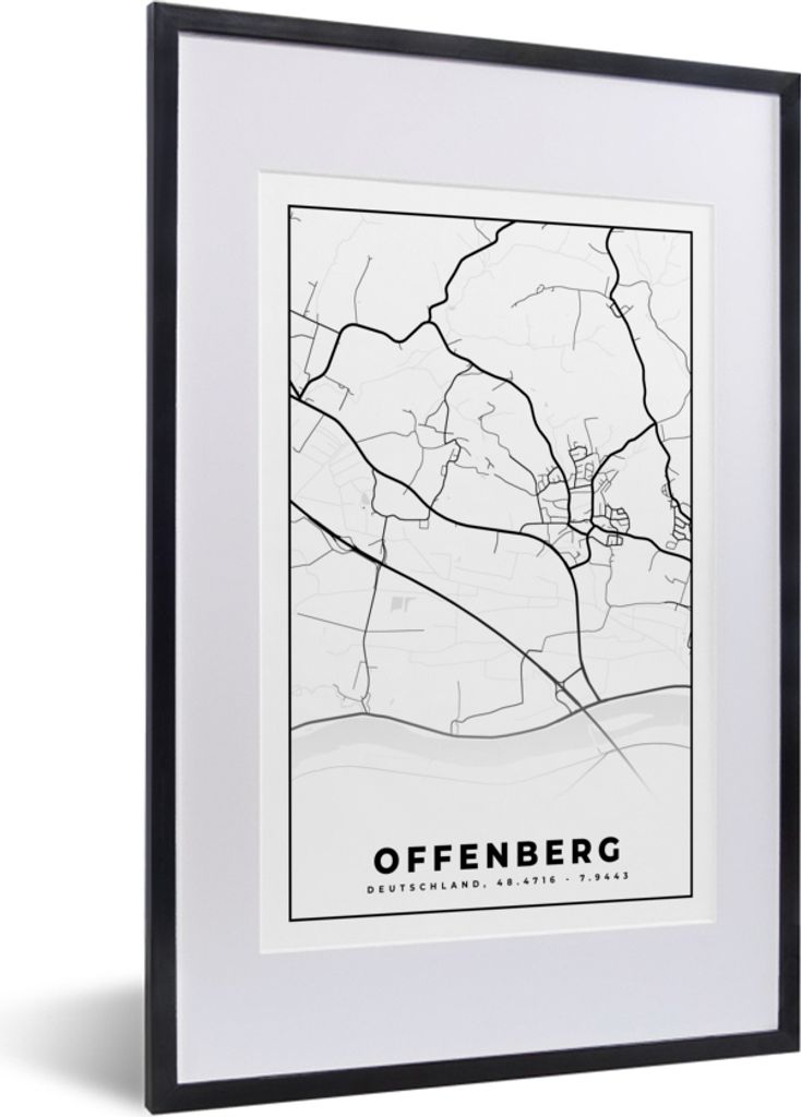 MuchoWow Gerahmtes Poster Offenberg - Stadtplan - Karte 40x60 cm - Poster mit Schwarzem Bilderrahmen Wandposter Rahmen Foto Bilder - Poster in Ra...