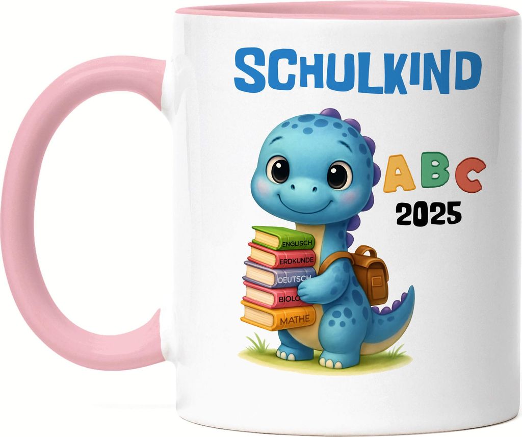 Schulkind 2025 Tasse Rosa Dino Geschenk Einschulung Erstklässler ABC Schule Start coole Idee