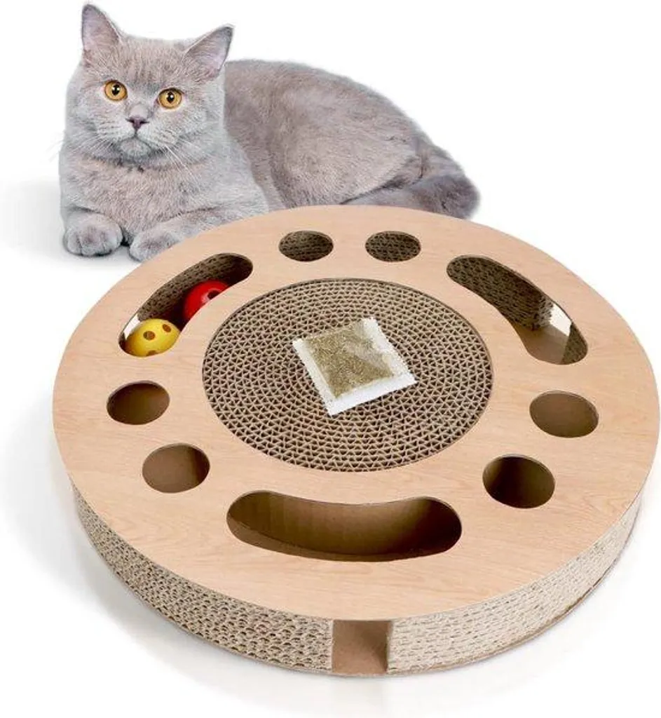 Arbre à chat en carton avec boules interactives et jouets suspendus