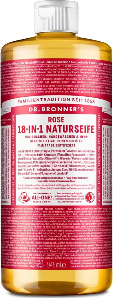 Savon liquide bio Dr. Bronner's parfum rose pour hygiène corps et visage