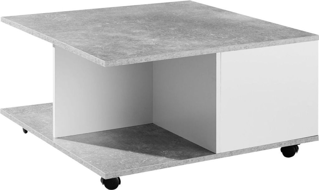 Design Couchtisch 70x70 cm Zementgrau / Weiß, Wohnzimmertisch mit 2 Schubladen, Sofatisch mit Rollen, Tisch mit 2 Fächern
