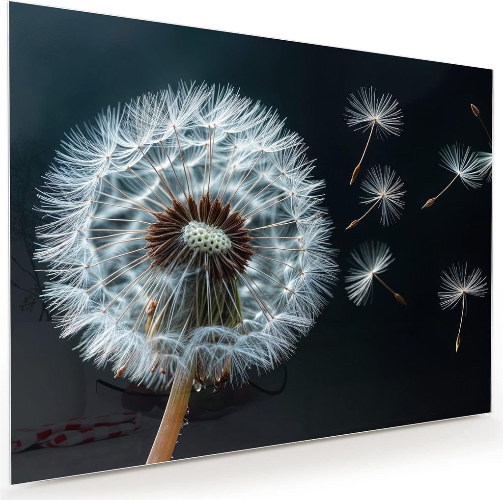 Glasbild 120x90cm in XXL für Wohnzimmer, Schlafzimmer Motiv Pusteblume im Wind