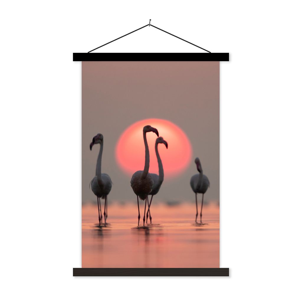 MuchoWow Textilposter Vogel - Flamingo - Sonnenuntergang - Rosa 60x90 cm mit schwarzem Rahmen - Poster Wohnzimmer