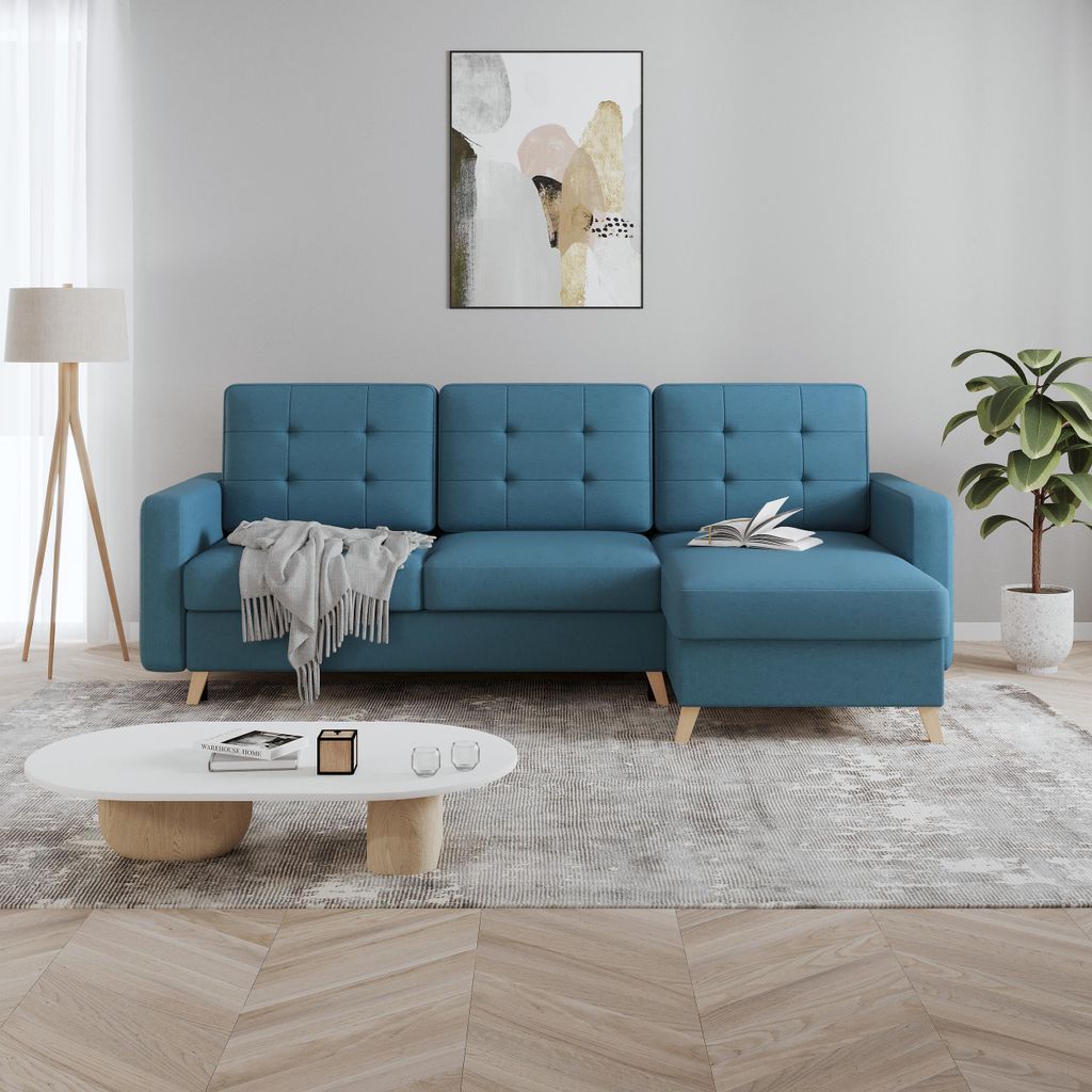 Ecksofa VINCI mit Schlaffunktion und Bettkasten, Blau Velo 631, Uniwersalle Ottomane