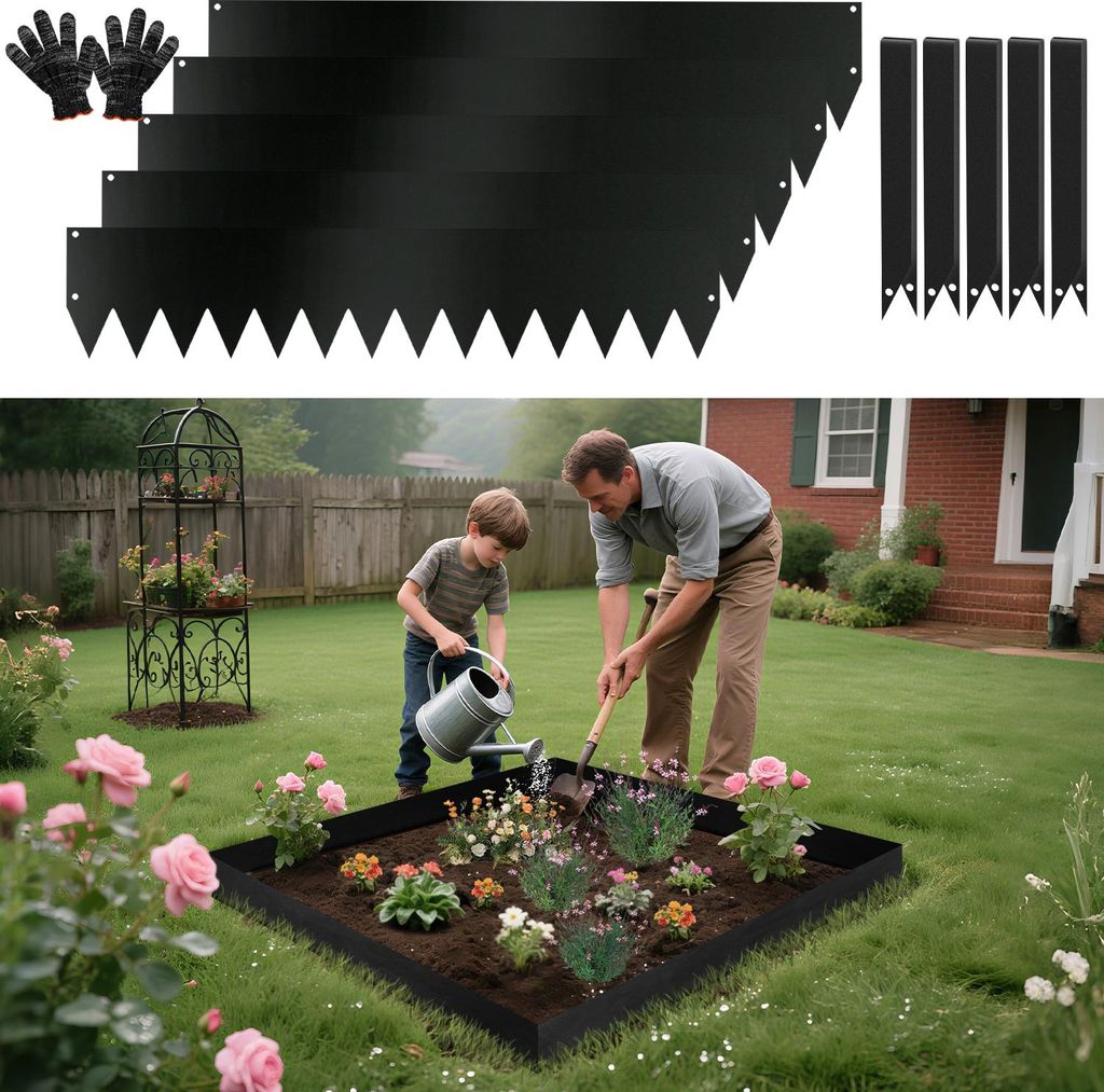 Bettizia Rasenkante mit Spitzen Metall 100 x 20 cm 15m Beeteinfassung Mähkante Verzinkt Wegbegrenzung Beetumrandung Palisade inkl. Handschuhe schwarz