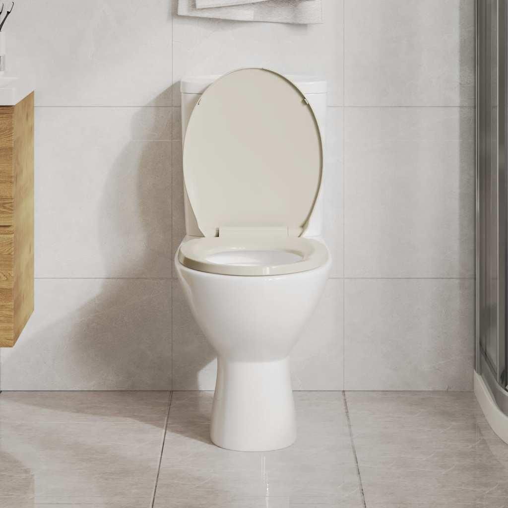 A white toilet with an open apricot-colored lid and seat, set against a tiled wall and floor.