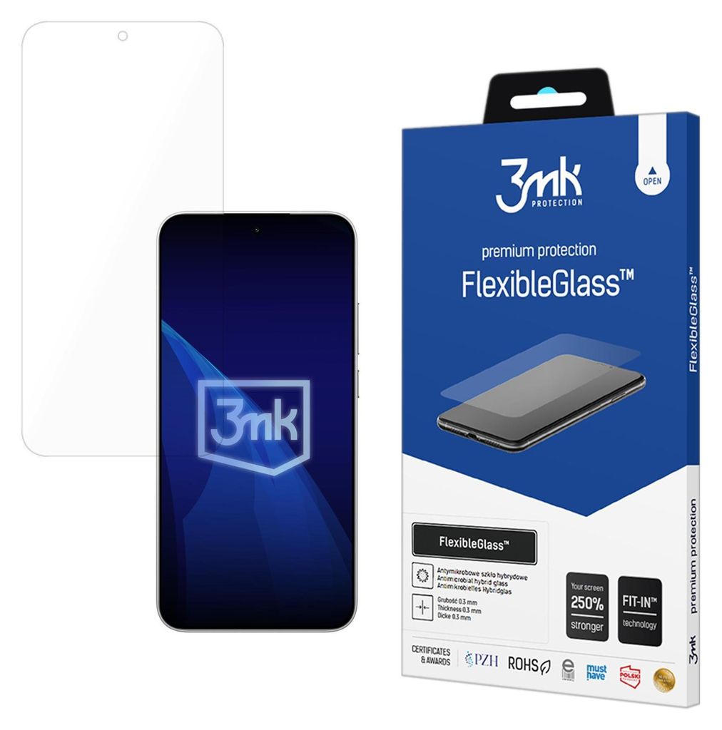 A product shot of a phone screen protector packaging and the screen protector itself.