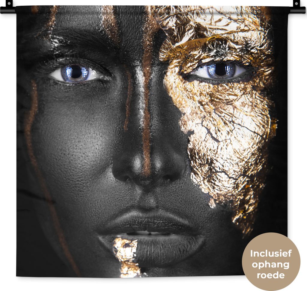 MuchoWow Wandteppich Wandbehang Frau - Blattgold - Schwarz - Gold - Luxus 60x60 cm Tapisserie Dekoration Wandtuch - Dekorationen - Wand Decke