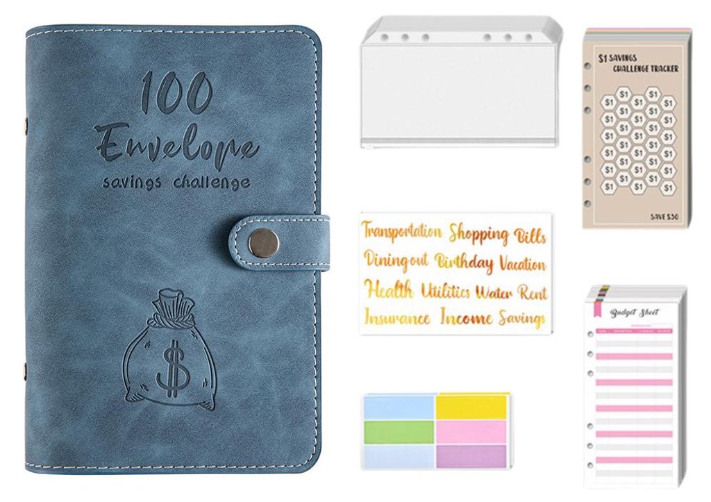 100 Umschlaege, Geldspar-Challenge, Budgetordner, Kunstledereinband mit Geldumschlag, PVC-Tasche, Reissverschluss/Budgetkarten/Etikettenaufkleber, ...