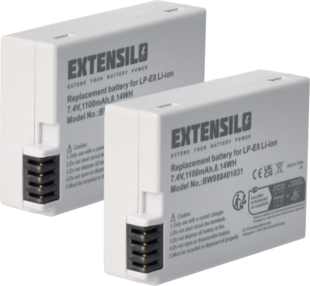 EXTENSILO 2x Akku kompatibel mit Canon EOS 600D, Kiss X6i, 650D, Rebel T2i, 700D, Kiss X5, 550D, Kiss X4, Kiss X7i Kamera (1100 mAh, 7,4 V, Li-Ion)
