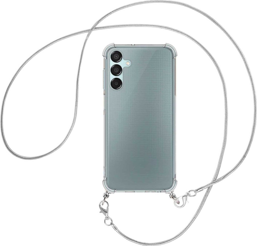 Handykette Backcover-Schutzhülle mit Band (Metall silberfarben) für Samsung Galaxy M15 / F15 5G - silberfarbene Snake-Kette