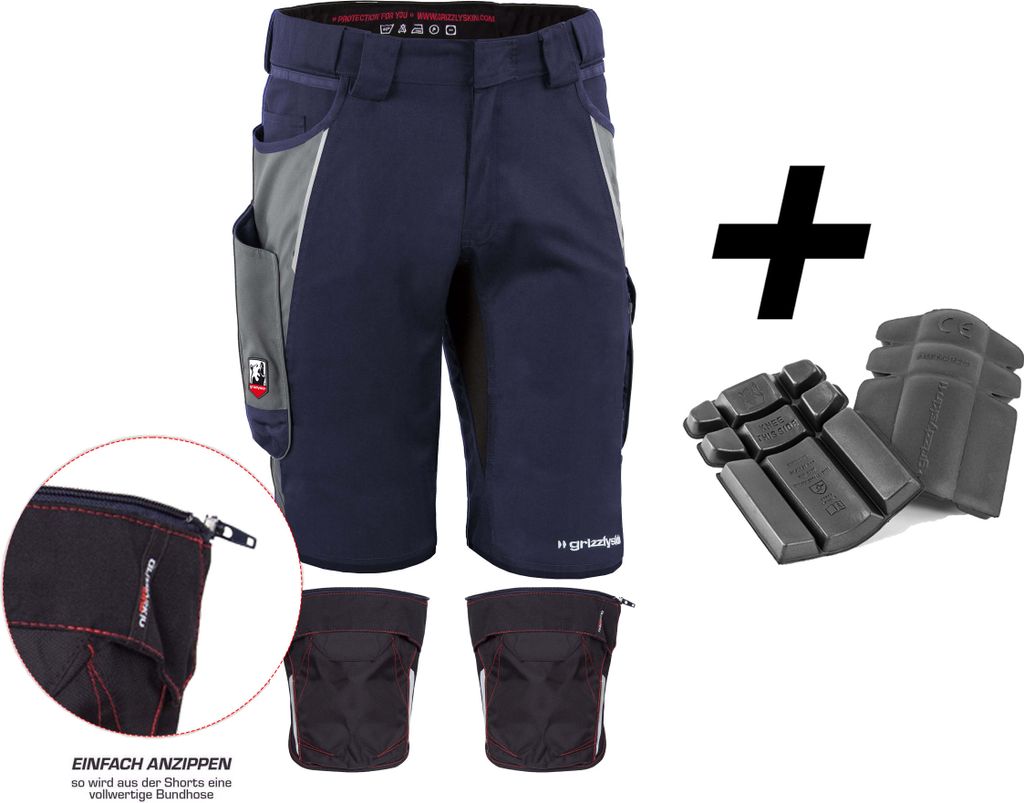 Qualitex kurze Arbeitshose - HANDWERKER-BUNDLE IRON Shorts + Kniepolstertasche inklusiv Kniepolster - in Farbe: marine/grau - Herren: 44 - Damen: 38