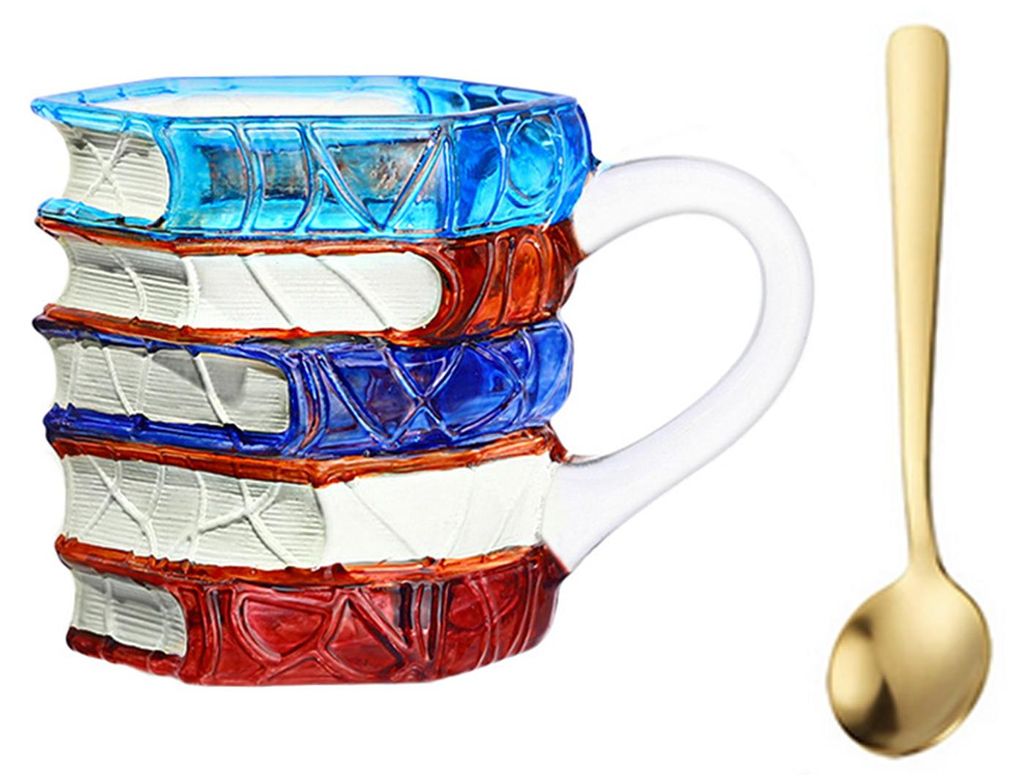 Handbemalter Buchbecher mit 3D-Glasdesign, originelle Kaffeetasse mit gestapelten Büchern, literarisches Geschenk für Lehrer und Bücherliebhaber